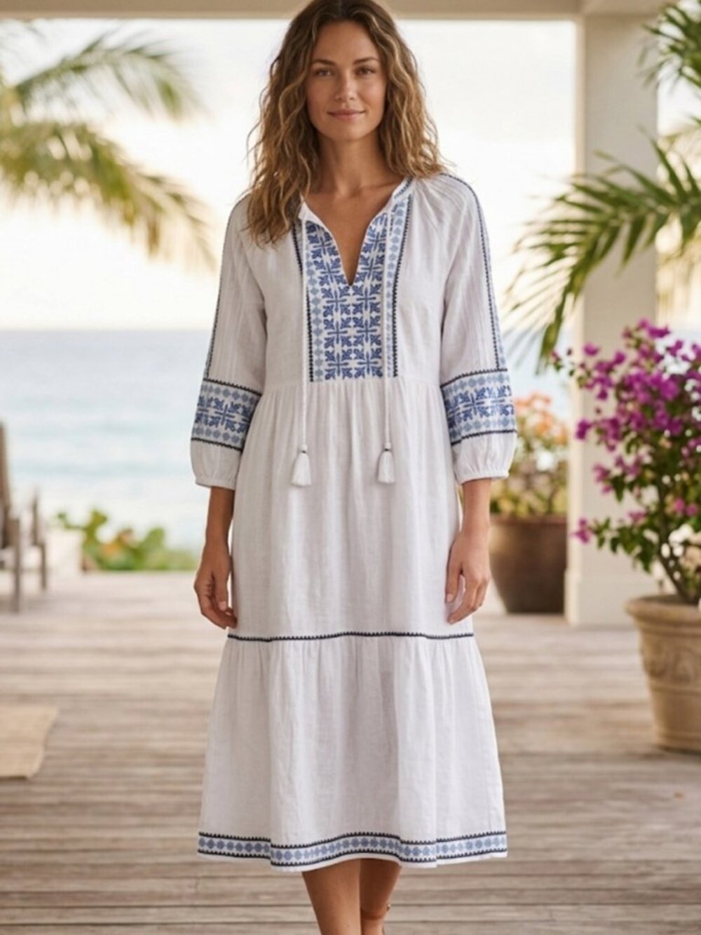 Tommy Bahama Womens White Blue Embroidered Cotton Gauze Midi Dress S - Picture 1 of 7